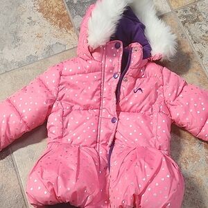 Pink Polka Dot Kids Jacket with Faux Fur Hood
